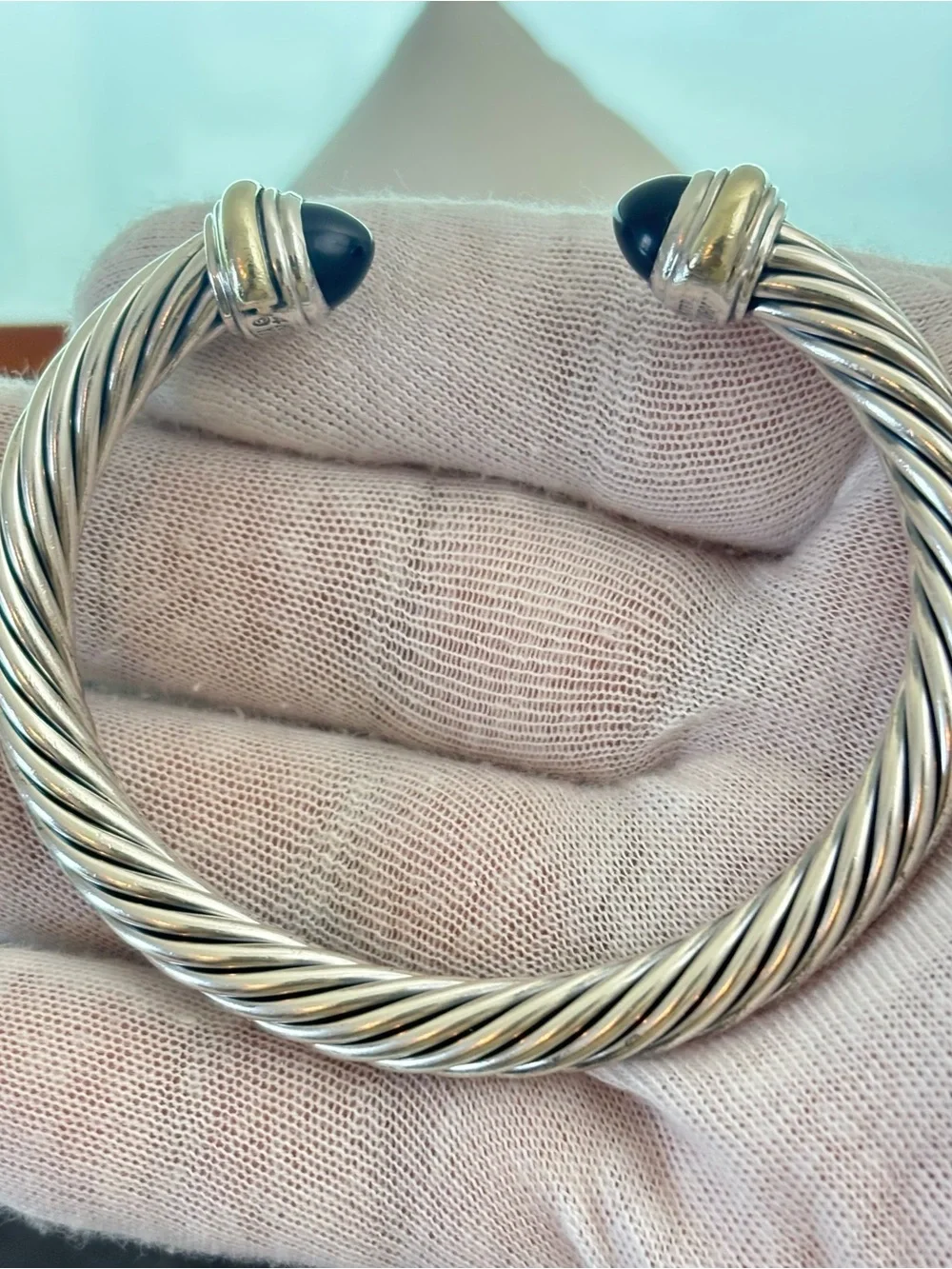 David Yurman 925 & 14k Gold 7mm Bracelet with Black Onyx-Medium